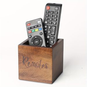1pc Acacia Wood TV Remote Control Holder, Table Remote Control Organizer, Holds 2 or 3 Remotes, Vintage Farmhouse Style Desktop Organizer, Media Organizer, 8.99cm x 8.99x8.99cm