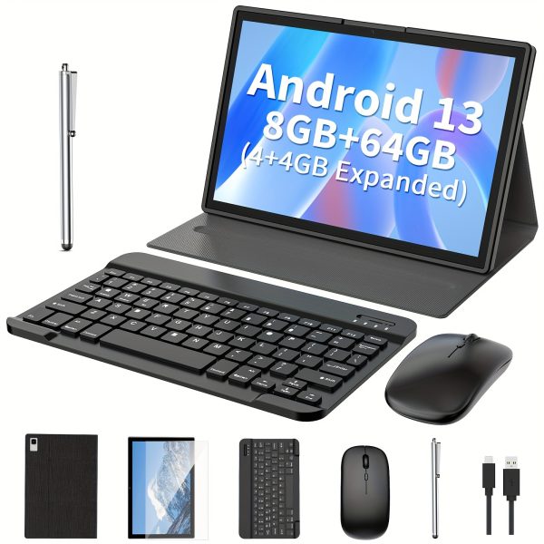 Relndoo Android 13 Tablet - 25.65cm 2-in-1 with Keyboard, Case, Mouse & Stylus, 4GB RAM + 64GB ROM, Dual Camera (5MP+8MP), WiFi, Type-C Charging, Black