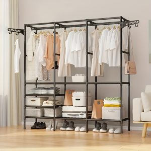 A High-End Freestanding Metal Coat Rack with Large Capacity, Suitable for Clothes, Shoes, Blankets, Backpacks, Hats, Towels, Etc. Easy to Assemble in Black/White, It Serves As Independent Bedroom Furniture Storage.