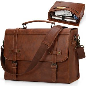 NUBILY Vintage Brown PU Leather Laptop Briefcase - 43.18cm Waterproof Messenger Bag with Multiple Compartments, Adjustable Shoulder Strap & Golden-Tone Hardware for Office, Business Travel & College, Business Travel Bag | Classic Satchel Design | Waterproof PU Leather