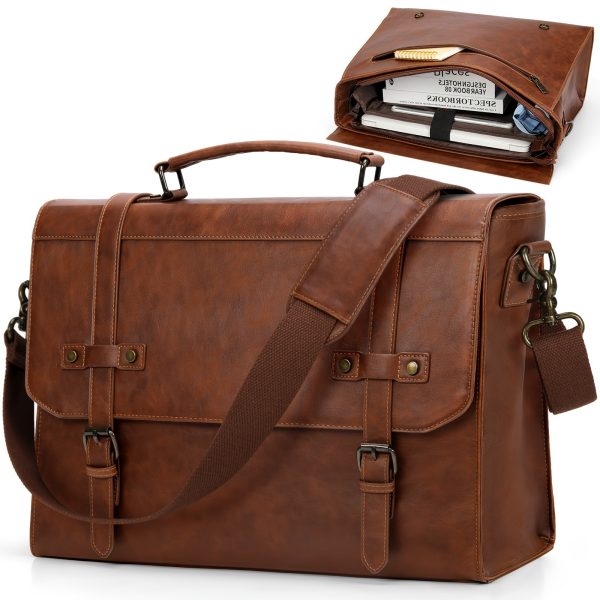 NUBILY Vintage Brown PU Leather Laptop Briefcase - 43.18cm Waterproof Messenger Bag with Multiple Compartments, Adjustable Shoulder Strap & Golden-Tone Hardware for Office, Business Travel & College, Business Travel Bag | Classic Satchel Design | Waterproof PU Leather