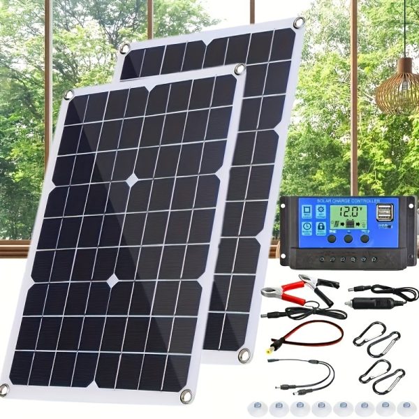 40W Solar Panel Kit with 12V/5V Dual USB, 60A/80A/100A Solar Controller, for Car, RV, Boat, Home Camping, Security, Street Lighting - 2 Panels, Solar Charging, Detachable, No Battery Included