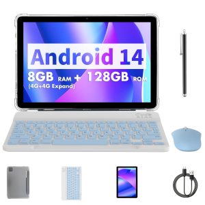 ROENLLCE 10.1-Inch Tablet with Android 14 Operating System, Includes Keyboard, Mouse, Case, Stylus, 8GB (4G+4G Memory Expansion) + 128GB RAM, Dual Cameras with 2MP Front And 8MP Rear, And a 1280*800 IPS HD Display.