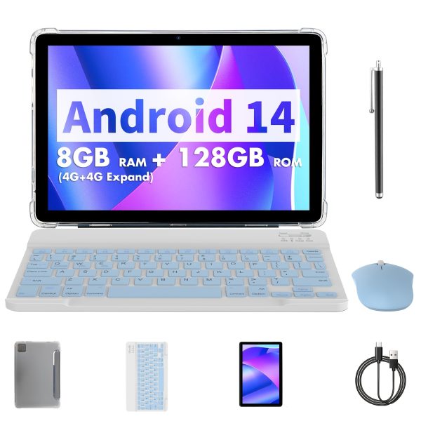 ROENLLCE 10.1-Inch Tablet with Android 14 Operating System, Includes Keyboard, Mouse, Case, Stylus, 8GB (4G+4G Memory Expansion) + 128GB RAM, Dual Cameras with 2MP Front And 8MP Rear, And a 1280*800 IPS HD Display.