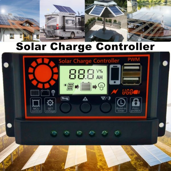 1pc, 30A Solar Charge Controller, Black Solar Panel Battery Intelligent Regulator With Dual USB Port 12V/24V PWM Auto Parameter Adjustable LCD Display