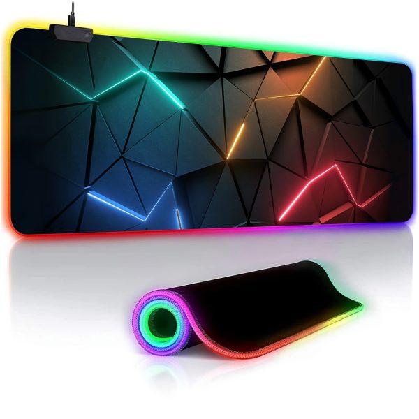 FOBIANJIE RGB Gaming Mouse Pad, Silicone with Non-Slip Rubber Base, Extended Soft Keyboard Mat with Geometric Lines Pattern, Stitched Edges, Button Control Light Modes for Esports Pros