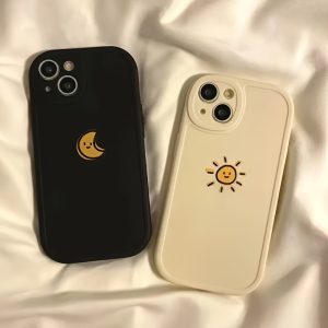Cartoon Sun and Moon Silicone Soft Phone Cases - Matte Finish, Compatible with iPhone 14/Plus/Pro/Pro Max, iPhone 13/Mini/Pro/Pro Max, iPhone 12/Mini/Pro/Pro Max, iPhone 11/Pro/Pro Max, iPhone X/XS/XS Max, iPhone 8/Plus/7/7 Plus/SE 2020 - Protective and Stylish Bumpers