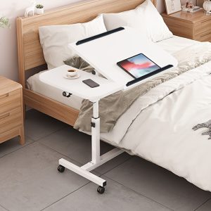Adjustable Height and Rotatable Multi-Functional White Bedside Table with Hardwood Fiberboard and Metal Frame - Perfect for Dorms and Homes, Easy Assembly