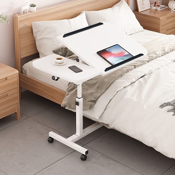 Adjustable Height and Rotatable Multi-Functional White Bedside Table with Hardwood Fiberboard and Metal Frame - Perfect for Dorms and Homes, Easy Assembly