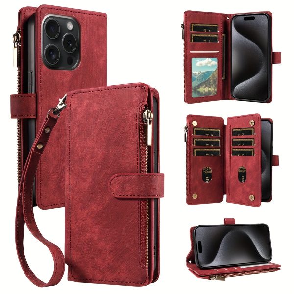 for Samsung Phone Case Faux Leather Vintage Card Wallet with Hand Strap Protective Cover