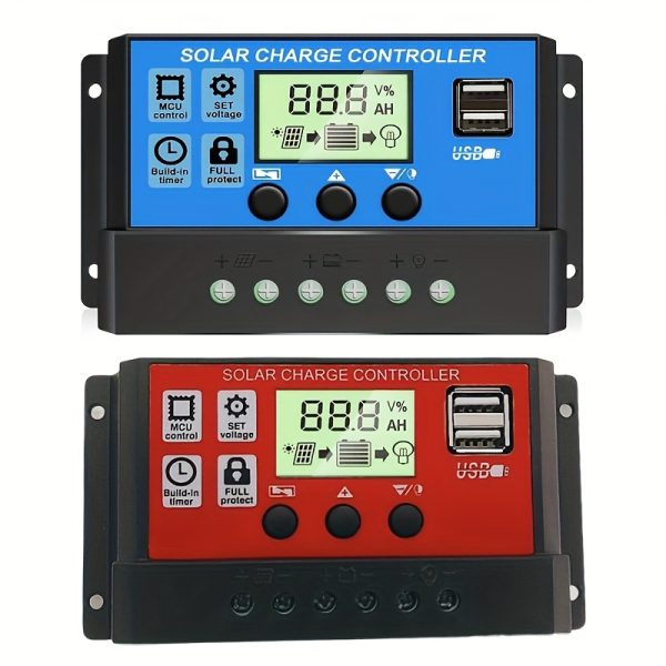 Two Pieces of Solar Charge Controllers with Various Amperage Options (10A, 20A, 30A, 60A, 100A) Designed for 12V/24V Systems. Features Include Adjustable Parameters, an LCD Display, And Dual USB Ports, Suitable for AGM, Gel, And Flooded Batteries.