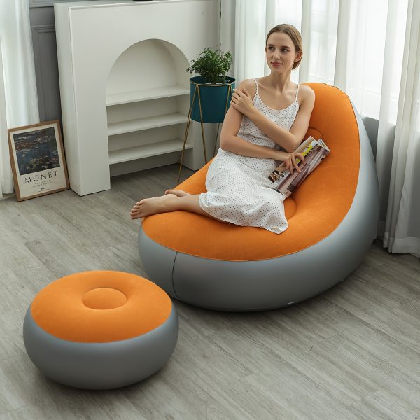 2pcs Set of Inflatable Casual Sofa Chair and Footstool Outdoor Folding Lounger Sofa with Flocking, Can be Stored and Inflated