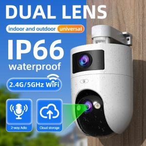 1pc JOOAN 2.4G/5G WiFi PTZ Security Camera, Dual Lens Multi-View, Easy Installation, HD 3840x2160 Resolution, Wall Hanging, Indoor Use, Night Vision, Two-Way Audio, Motion Detection Alerts, App Control, No Battery, USB Powered