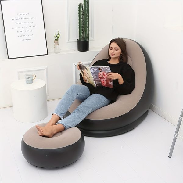 Modern Black and Beige Inflatable Lounge Chair with Footrest - Versatile Indoor/Outdoor Use for Living Room, Bedroom, Office, and More - Easy to Assemble, Durable Vinyl Material, Ideal for Travel, Camping, and Picnics, Outdoor Comfort|Modern Lounge Chair|Durable Vinyl