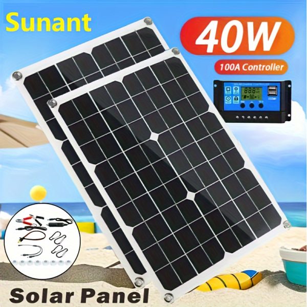 Sunant 1/2pcs 40W/80W Dual USB Solar Panel Kit, Portable Charger with/without 100A Controller, Insulation Material, Detachable Photovoltaic Module, Solar Charging Power Supply for Car, Yacht, RV, Boat, Home, Camping, Outdoor Essentials
