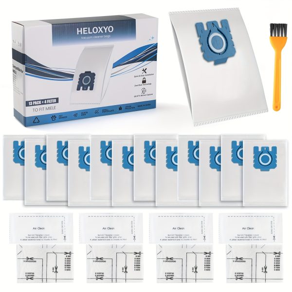 13-Pack of 3D Air Purification Dust Bags: Suitable for Miele GN Vacuum Cleaner Bags, Complete Miele C3 Hoover Bags, Compatible with Classic C1, C2, S8, S5, S2, S600, And Miele Hyclean GN Vacuum Bags, Includes 4 Motor Filters And an Exhaust Filter, Plus an Orange Brush.