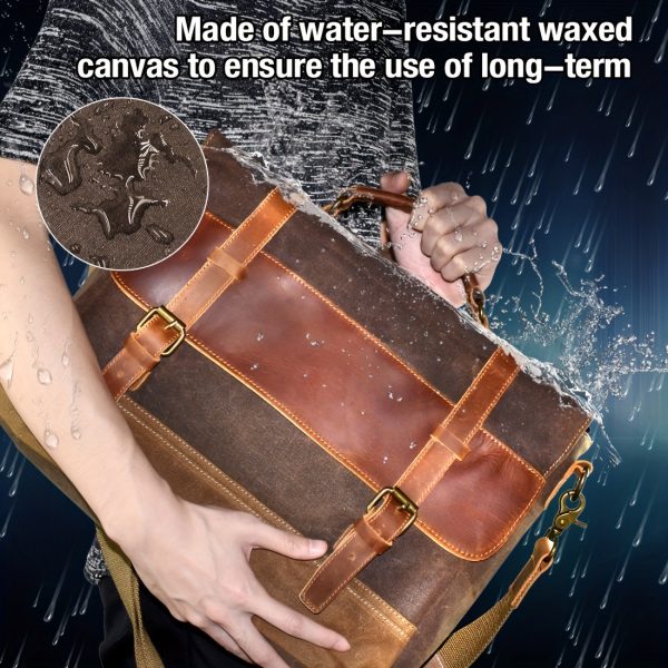 Vintage-Style Men's Genuine Crazy Horse Leather Messenger Bag - 39.62cm Waterproof Briefcase with Laptop Compartment, Tablet Slot & Nylon Lining, Brown Waxed Canvas Satchel for Work or Daily Use