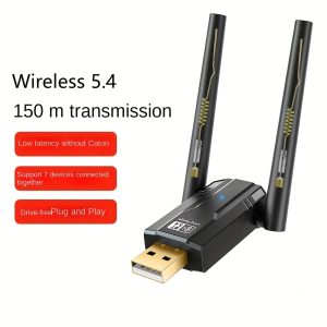 USB Wireless 5.4 Network Adapter with Dual Antennas, 150m Range, Supports 7 Devices Simultaneously, Compatible with 5.3/5.1/5.0/4.0/3.0, for Audio/Headphones/Keyboard/Mouse/Gaming Controllers/PC, with Application Control, No Battery Required