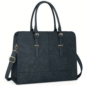 NUBILY Women's PU Leather Laptop Tote - 39.62 cm Waterproof Business Office Handbag with Floral Embossed Design, Large Capacity, Adjustable Shoulder Strap & Golden-Tone Hardware in Midnight Green/Light Brown/Black, Laptop Bag