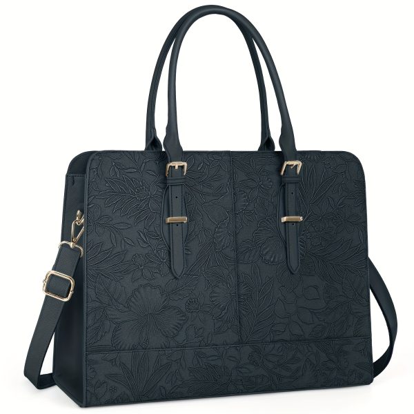 NUBILY Women's PU Leather Laptop Tote - 39.62 cm Waterproof Business Office Handbag with Floral Embossed Design, Large Capacity, Adjustable Shoulder Strap & Golden-Tone Hardware in Midnight Green/Light Brown/Black, Laptop Bag