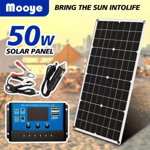 1pc MOOYE 50W Portable Solar Panel Kit, with 60A Controller & USB Ports, Insulation Materials Solar Charger, Removable Photovoltaic System, for Camping, Fishing, Travel, Charging Phones, Power Banks, Computers