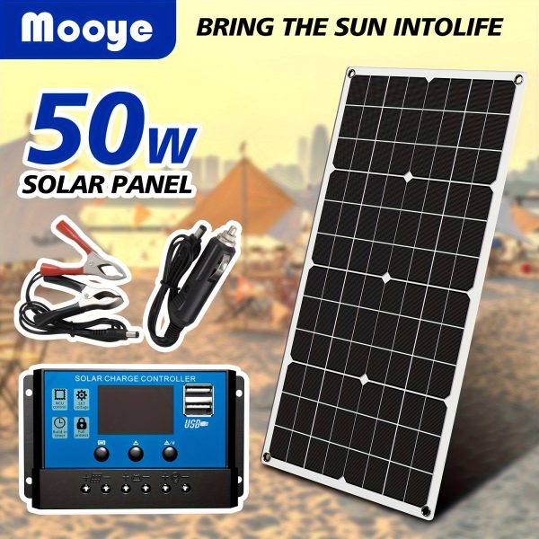 1pc MOOYE 50W Portable Solar Panel Kit, with 60A Controller & USB Ports, Insulation Materials Solar Charger, Removable Photovoltaic System, for Camping, Fishing, Travel, Charging Phones, Power Banks, Computers