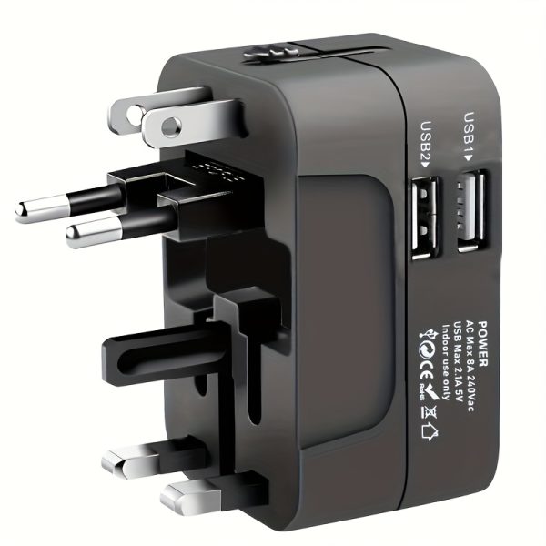 Travel Adapter, Global Multi-in-One Universal Travel Adapter Wall Plug Adapter Wall Charger with Dual USB Charging Ports for US EU UK Australia Mobile Phones and Laptops Black