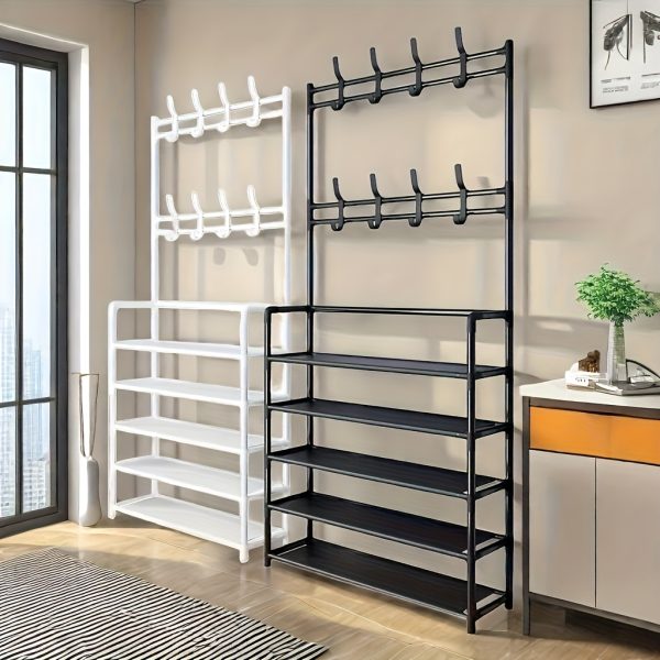 1pc Modern Black and White Freestanding Metal Storage Rack with Shoe Shelf, Coat Hanger, Entryway Tree, Hallway Organizer, Bathroom Accessory - Multipurpose for Shoes, Clothes, Jackets, Hats, Bags, Umbrellas - Easy Assembly, No Electricity Needed, Entryway Organizer | Modern Storage Solution | Easy Assembly Rack, Shoe Storage Organizer
