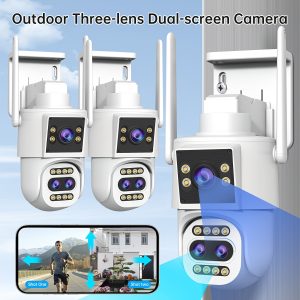 Full HD PTZ Wireless WIFI Camera, Triple Lens Dual-Screen Camera, One Device Replaces Multiple, 10X Optical Zoom, Equipped with Network Port, Full-Color Night Vision HD Camera, Two-Way Voice Intercom Video Camera, Motion Detection, Automatic Tracking, Sound And Light Alarm for Home Security Smart Monitoring Camera.