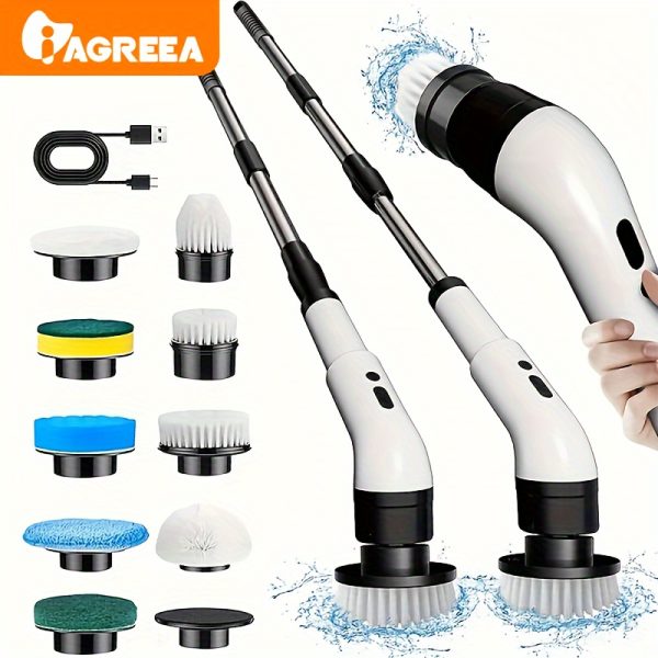 IAGREEA Electric Spin Scrubber, Cordless Shower Cleaner with Adjustable Extension Handle, 3 Adjustable Speeds, 9/6 Interchangeable Brush Heads, USB Charging, Lithium Battery for Tiles, Tub, Sink, Wall
