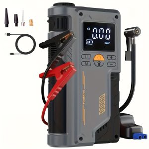 JKUOO Portable car inflator pump with emergency night light, wireless emergency power supply, 8000mAh rechargeable lithium battery, multi-function mini tire inflator, battery operated