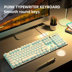 EWEADN Retro Punk Gaming Keyboard - 104 Keys, Blue Backlit with Ergonomic Round Keycaps, Wired USB for PC & Laptop, Ideal for Office and Gaming, White