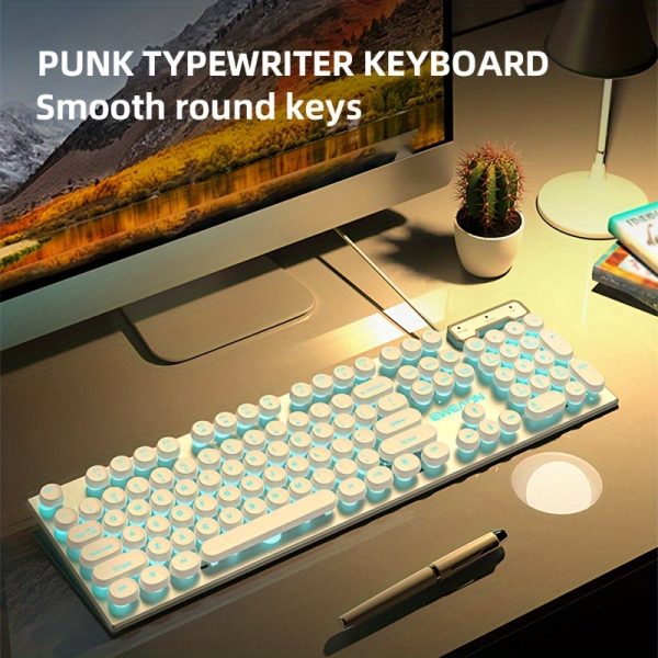 EWEADN Retro Punk Gaming Keyboard - 104 Keys, Blue Backlit with Ergonomic Round Keycaps, Wired USB for PC & Laptop, Ideal for Office and Gaming, White