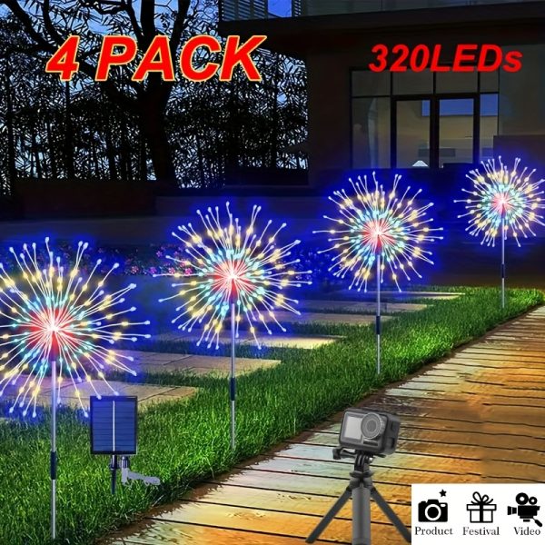 4pcs AMILL Solar Fireworks LED Lights for Garden -, 8 Modes of Fairy Tale Decorative String Lights, Perfect for Ramadan, Valentine's Day, and Outdoor Studio Shooting Props, Solar Fairy Lights
