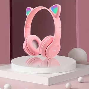 Cat Ear Wireless Over Ear Hook Headphone Ear Muffs, Light Emitting Colorful LED Lights Comfort Foldable Headset with Rechargeable Battery, Volume Control and Type-C Port Charging for Tablet Computer/ PC/ TV/ Cellphones