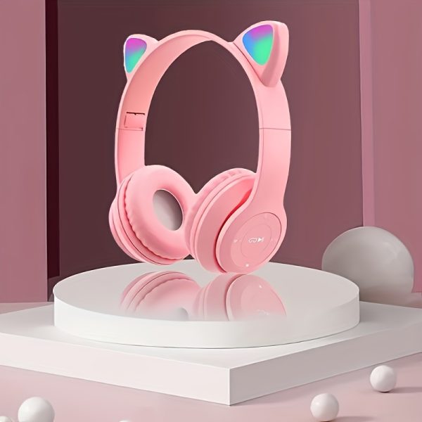 Cat Ear Wireless Over Ear Hook Headphone Ear Muffs, Light Emitting Colorful LED Lights Comfort Foldable Headset with Rechargeable Battery, Volume Control and Type-C Port Charging for Tablet Computer/ PC/ TV/ Cellphones