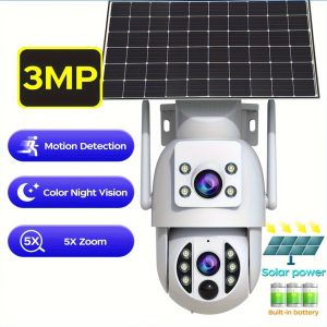 JOOAN 1296P Full HD Solar-Powered PTZ Security Camera with Dual Lens, 2.4G WiFi, Motion Warning Light, Color Night Vision, Super Wide Angle, PIR Motion Detection, Two-Way Audio, Alarm - Ideal for Outdoor Surveillance and AI Detection, Wall-Mounted, Application Control, Battery/USB Powered, LED Lights, Dome Cameras