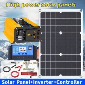 Monocrystalline Silicon Solar Panel 300W Car Inverter 100A Solar Controller, Solar Panel System Combination 12V to 110V/220 Smart Charging, 12V Battery Charger Mobile Power Supply 300W Outdoor Power Generation System Home Power Station Solar Inverter Kit
