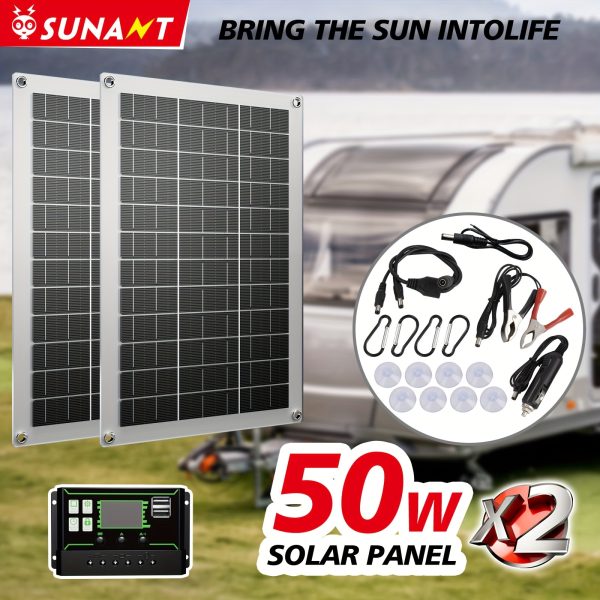 2-Pack SUNANT 50W Solar Panels with USB & DC Interface, 100A Solar Controller, Detachable Insulation Material, Solar Charging for Cars, Yachts, RVs, Mobile Phones - No Battery Included