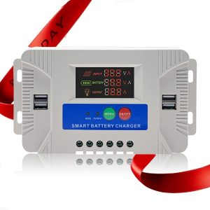 12V/24V PWM Solar Charge Controller with LCD Display, Hard-Wired Power Supply, <50V Voltage Range, Supports Lithium-Ion & Iron Phosphate Batteries, Automatic Voltage Detection, 4 USB Ports with Max 2A Output for Mobile Charging