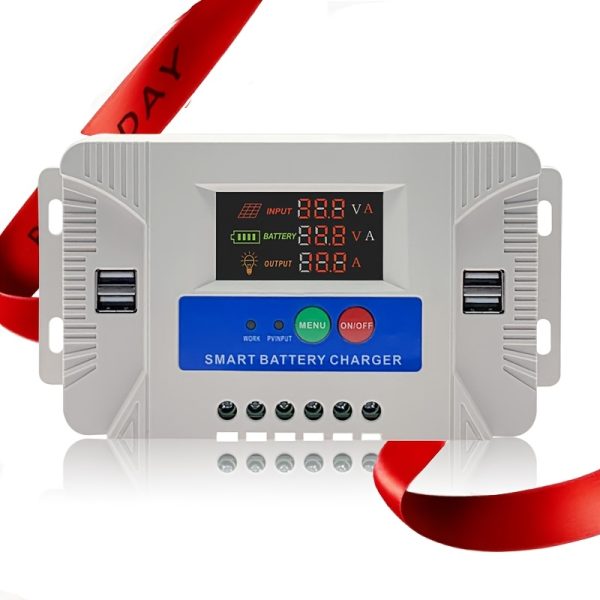12V/24V PWM Solar Charge Controller with LCD Display, Hard-Wired Power Supply, <50V Voltage Range, Supports Lithium-Ion & Iron Phosphate Batteries, Automatic Voltage Detection, 4 USB Ports with Max 2A Output for Mobile Charging