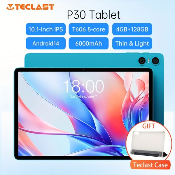 Teclast P30 Tablet 10.1-inch IPS Display, Android 14, Unisoc T606 Octa-Core, 4GB RAM 128GB ROM, 6000mAh Battery, Type-C Charging, Dual-Band Wi-Fi, 2MP Front & 5MP Rear Cameras, USB OTG, Glass Fiber Body, 1280x800 Resolution, ≤36V Operating Voltage