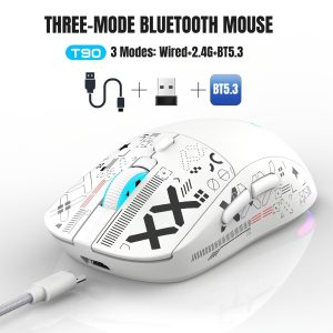 HXSJ T90 Wireless Gaming Mouse, 3-Mode Link, Optical, Glitter Embellished, Right-Handed, Plastic, ESports Theme, USB Type-C Charging, Rechargeable Lithium Polymer Battery, Compatible with Windows 7, for PC/Mac Gamers & Business Travel