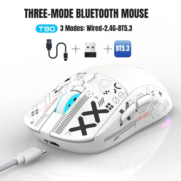 HXSJ T90 Wireless Gaming Mouse, 3-Mode Link, Optical, Glitter Embellished, Right-Handed, Plastic, ESports Theme, USB Type-C Charging, Rechargeable Lithium Polymer Battery, Compatible with Windows 7, for PC/Mac Gamers & Business Travel
