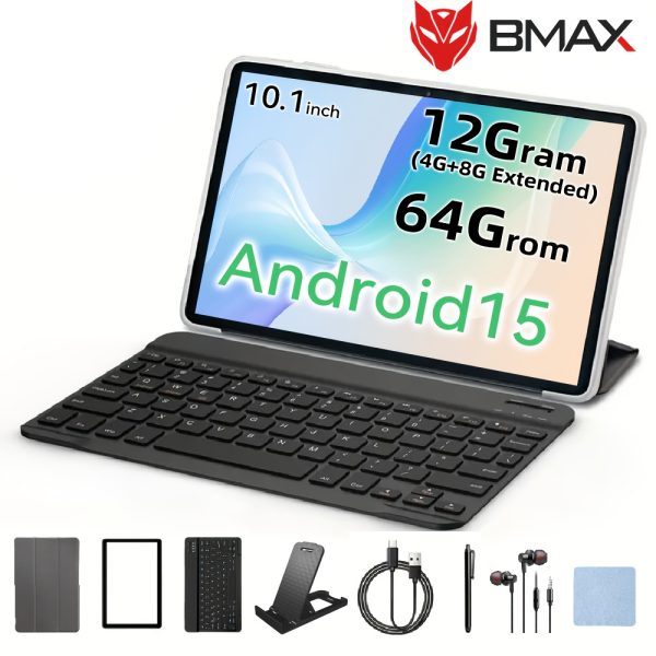 Bmax I9 Plus Tablet - 25.65cm IPS Screen, Android 15, 1280x800 Resolution, 64GB Storage + 12GB RAM (4GB+8GB Expansion), Type-C Charging, 2MP Front & 5MP Back Camera, Keyboard, Case, Stylus, Stand, Earphones & Protective Film Included