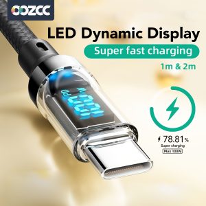 Super Fast Charging USB Type C Cable, 100W 6A with LED Dynamic Display, PVC/Nylon, Round Shape, Fast Car Charger Type C Cable, MAX, Charge Cable