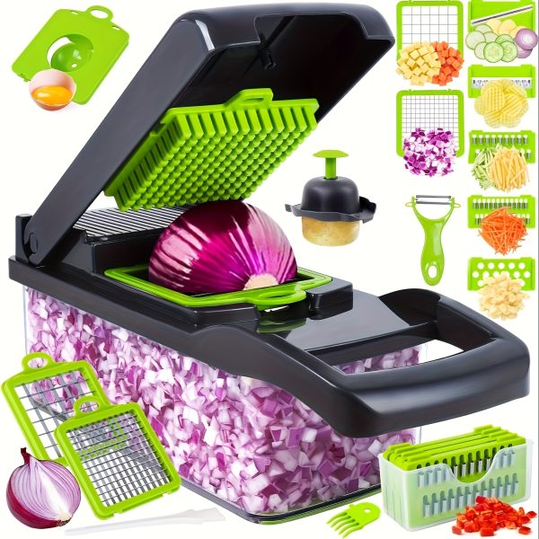 16-in-1 Multifunctional Vegetable Chopper and Slicer Kit - Manual Food Processor with Container, Drainage Basket, Hand Protector - Ideal for Potatoes, Onions, Carrots, Garlic - No Electricity Required, Green & Black, Vegetable Slicer And Chopper