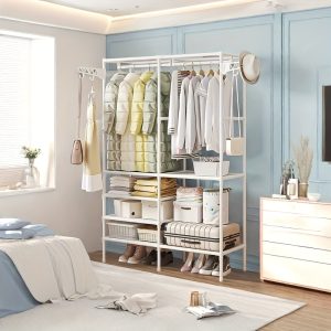 1pc Stainless Steel Double-Row Floor-Standing Wardrobe with Shoe Rack and Hooks, Large Capacity Clothing Storage Organizer, Independent Rack for Shoes, Boots, Clothes, and Bedding