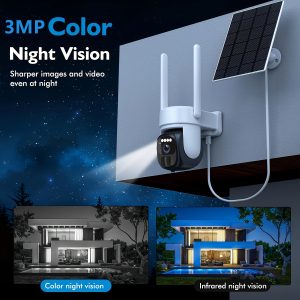 AntCctv 3MP Pan Tilt PZT 360° Solar-Powered Outdoor Wireless Security Camera with 3MP Color Night Vision, 2-Way Talk, Motion Detection, Perfect Gift for Birthdays, Easter, President'S Day, Boys & Girlfriends! SD Card/Cloud Storage, Three days of free cloud storage, Color Night Vision Camera With 2. 4GHz WiFi 8000mah Battery With Solar Panel, Works/Alexa. Support horizontal rotation of 350 ° and vertical rotation of 90 °