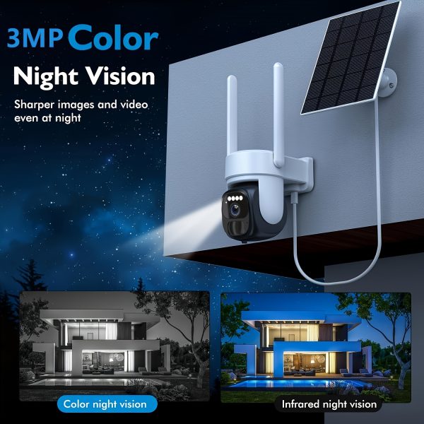 AntCctv 3MP Pan Tilt PZT 360° Solar-Powered Outdoor Wireless Security Camera with 3MP Color Night Vision, 2-Way Talk, Motion Detection, Perfect Gift for Birthdays, Easter, President'S Day, Boys & Girlfriends! SD Card/Cloud Storage, Three days of free cloud storage, Color Night Vision Camera With 2. 4GHz WiFi 8000mah Battery With Solar Panel, Works/Alexa. Support horizontal rotation of 350 ° and vertical rotation of 90 °